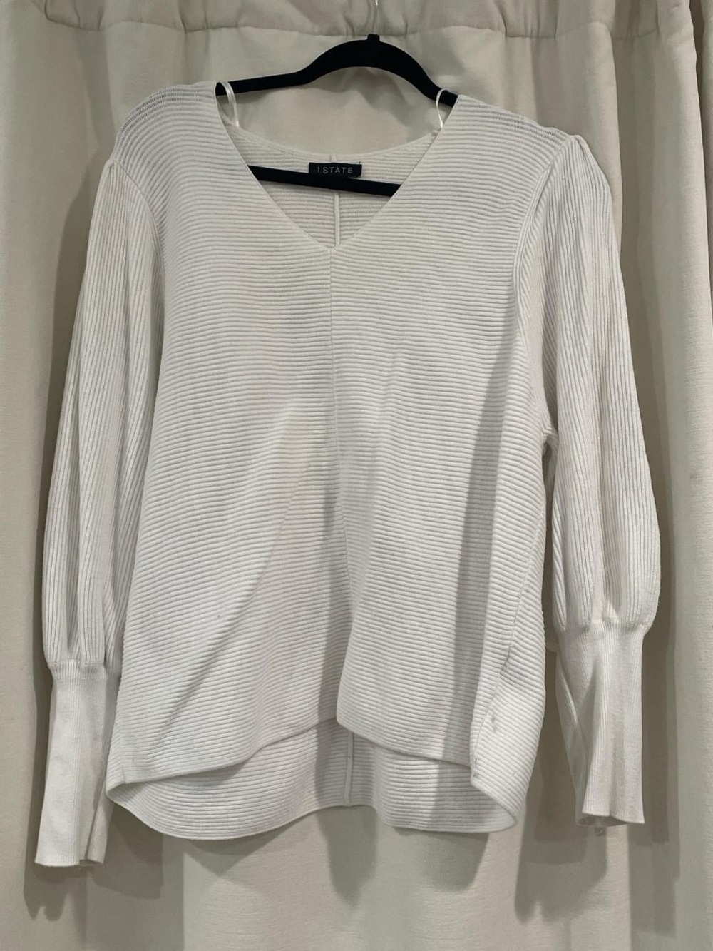 Eileen Fisher Cream Ribbed V-Neck Balloon Sleeve Pullover